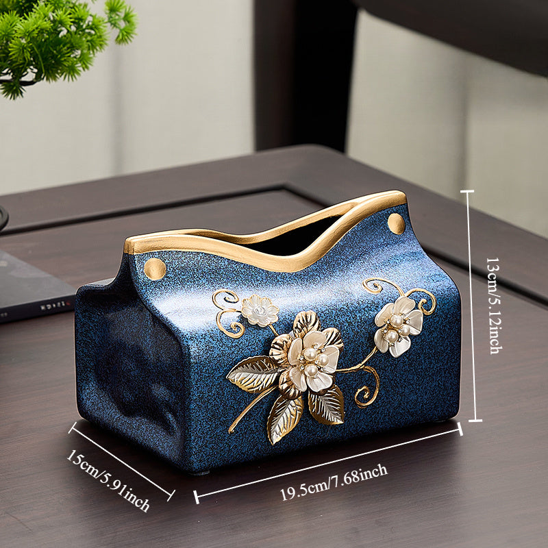 New Chinese Style Ceramic Tissue Box Holder - Blue & Golden Floral Design, 2-in-1 Storage for Tissues & Small Items, Elegant Home Decor for Living Room, Dining Room, Entryway