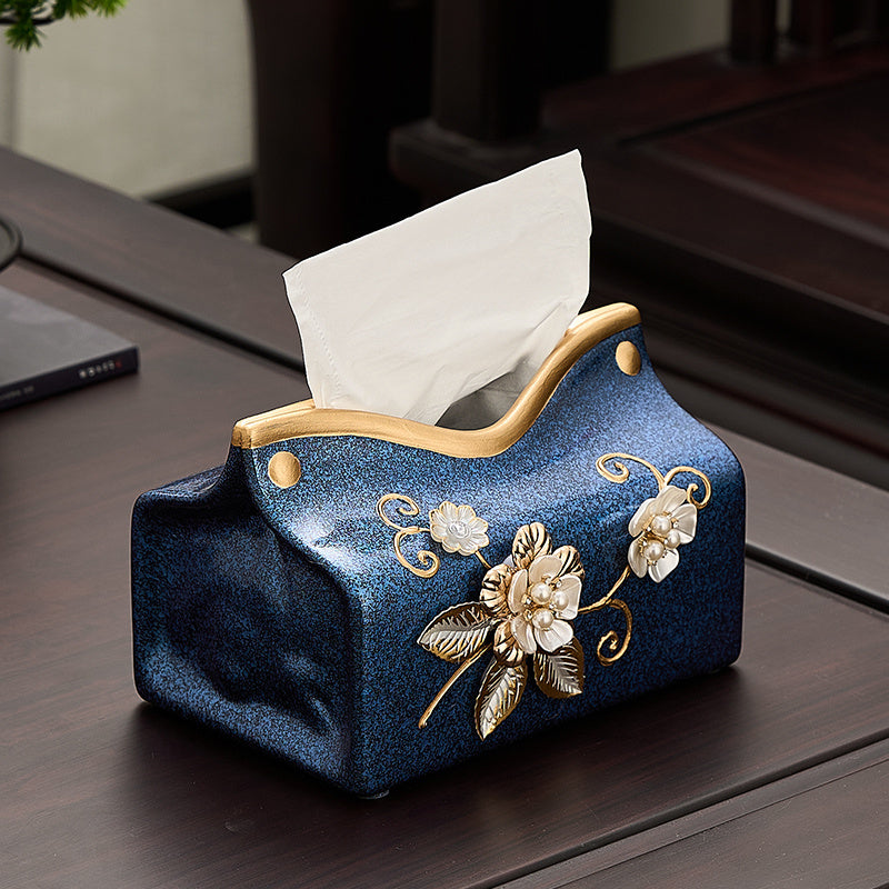 New Chinese Style Ceramic Tissue Box Holder - Blue & Golden Floral Design, 2-in-1 Storage for Tissues & Small Items, Elegant Home Decor for Living Room, Dining Room, Entryway