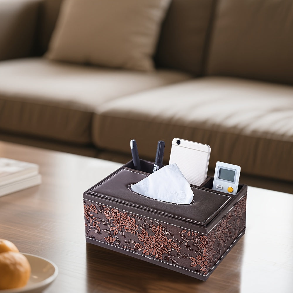 1pc Vintage Brown Grape Tree Pattern Leather Tissue Box Cover, Rectangular Multifunctional Desk Organizer for Living Room, Office, Bedroom - Elegant Floral Design, Living Room Decor | Decorative Leatherette | Stitched Leatherwor