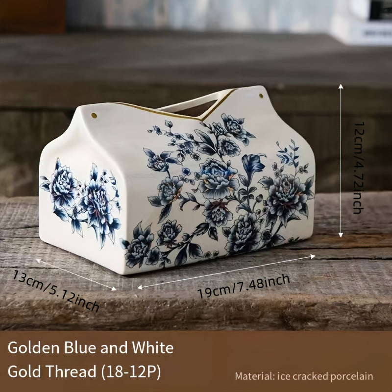 1pc Vintage American-European Style Ceramic Tissue Box Holder with Golden Accents - Floral & Butterfly Design Decorative Home Accent for Living Room, Coffee or Dining Table Decor - Mother’s Day Gift, Intricate Craftsmanship, Elegant Ornament, Premium