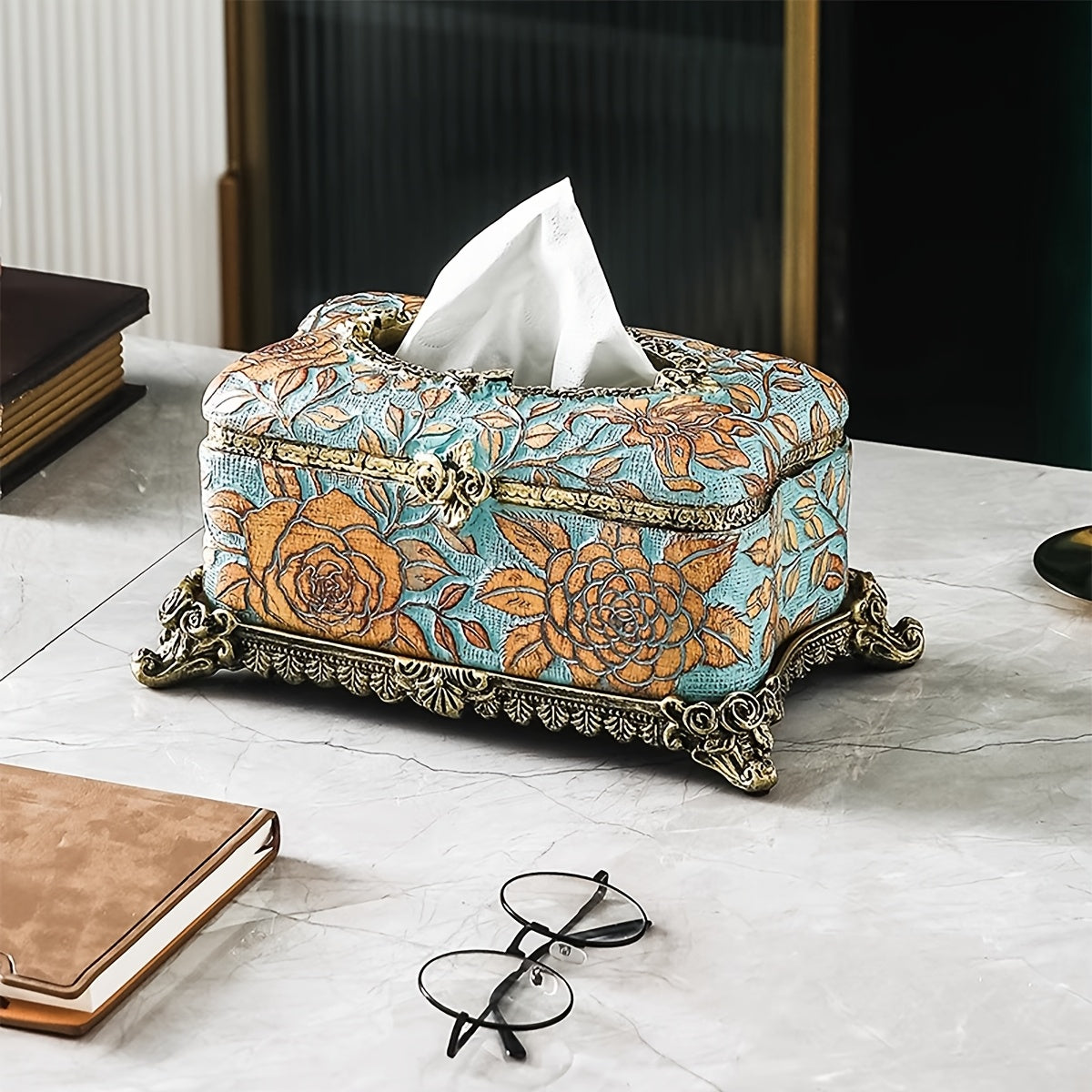 Elegant Floral Resin Tissue Box Holder - Square Design with Golden Accents, Perfect for Bathroom & Desktop Decor | Ideal Christmas or Halloween Gift, Bathroom Decor And Accessories