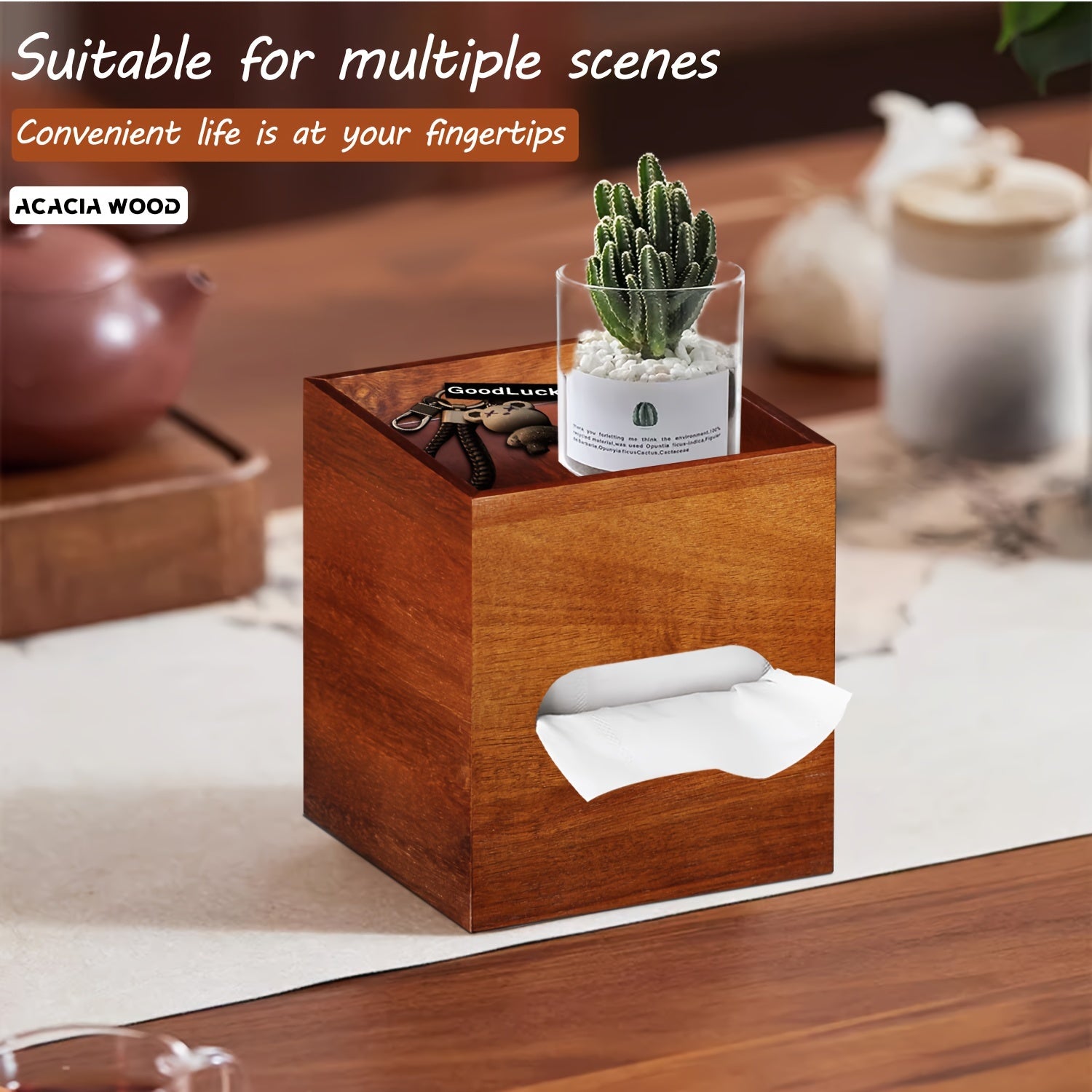 Square Tissue Box Holder with Storage Tray, Acacia Wood Decorative Tissue Box Cover/Napkin Storage Box/Cube Tissue Organizer Case for Bathroom, Vanity, Night Stand, Car, Dining Table, Living Room and Bathroom Accessory. Bathroom Organizer and Storage