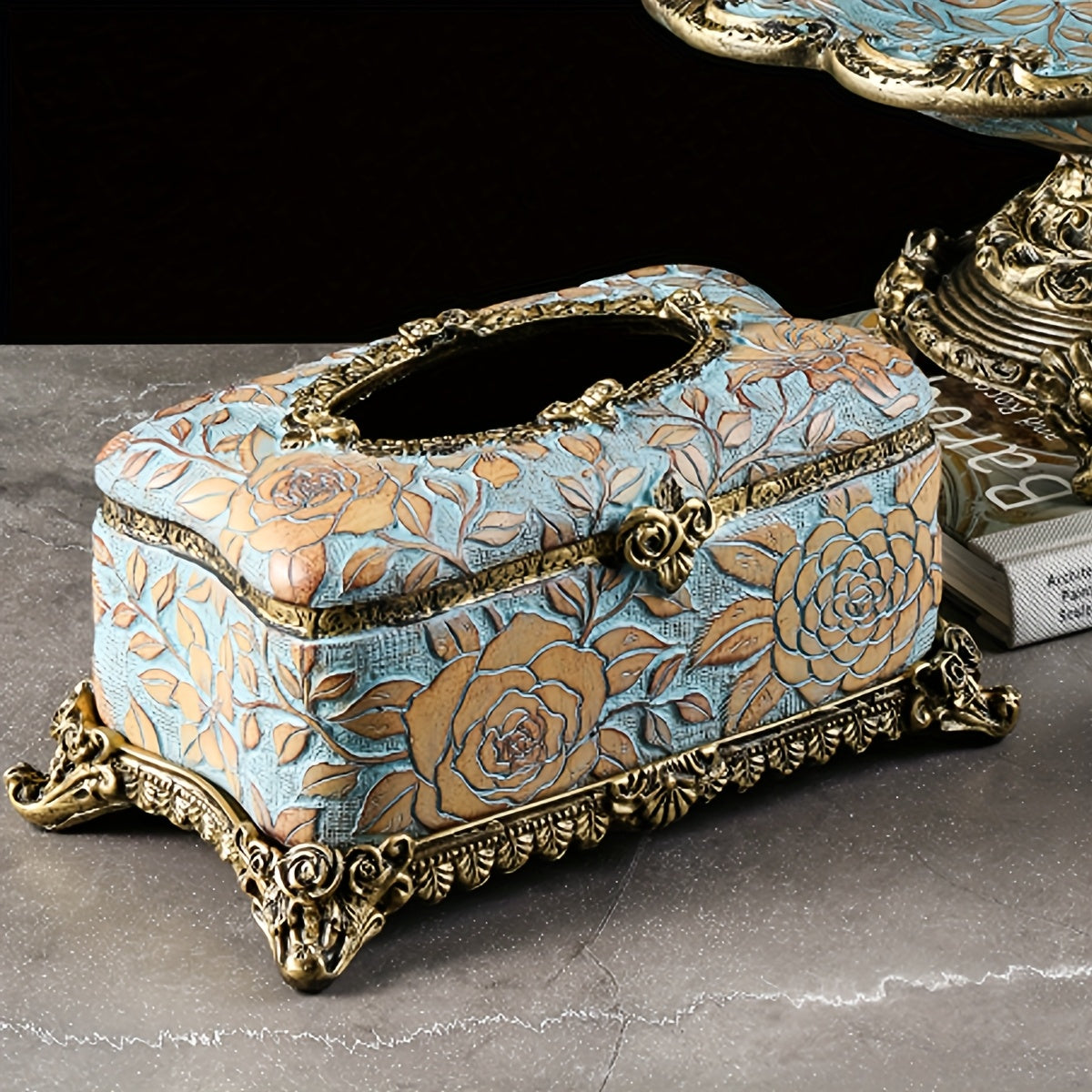 Elegant Floral Resin Tissue Box Holder - Square Design with Golden Accents, Perfect for Bathroom & Desktop Decor | Ideal Christmas or Halloween Gift, Bathroom Decor And Accessories