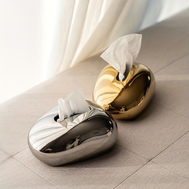 1pc Elegant Golden & Silvery Ceramic Tissue Box Holder - Modern Minimalist Design with Textured Surface, Black/White/Gray/Orange/Red Options for Living Room, Dining Table, Coffee Table Decor, Tissue Box Holder for Table, Tabletop Organizer, Metallic