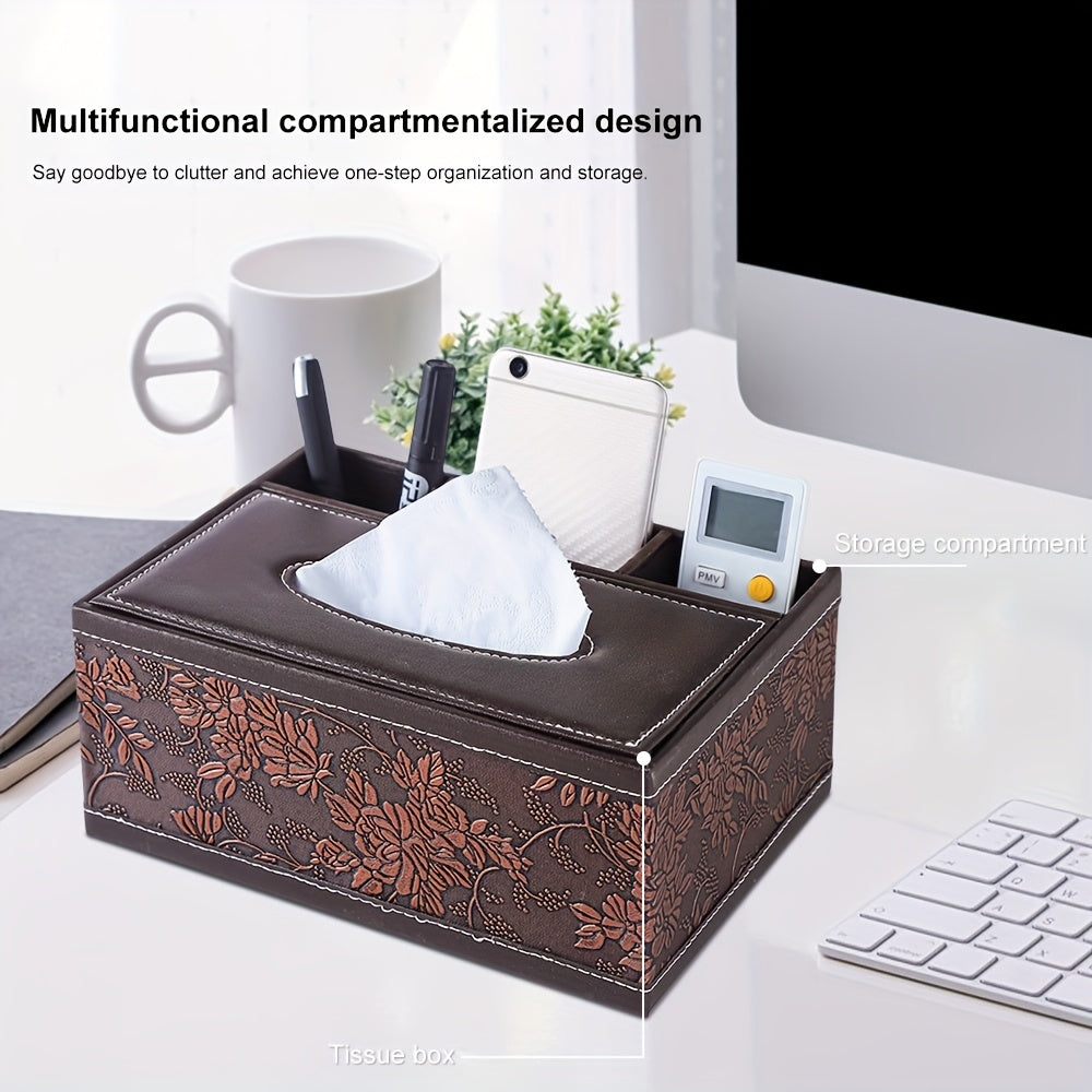 1pc Vintage Brown Grape Tree Pattern Leather Tissue Box Cover, Rectangular Multifunctional Desk Organizer for Living Room, Office, Bedroom - Elegant Floral Design, Living Room Decor | Decorative Leatherette | Stitched Leatherwor