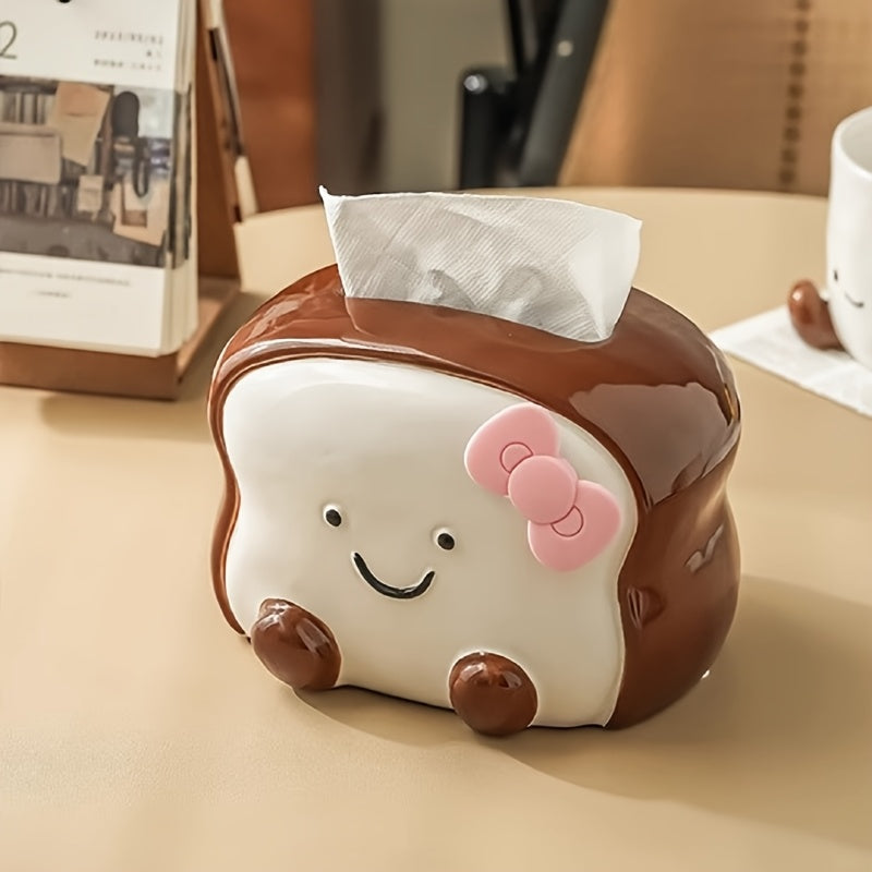 Visually Appealing Toast-Shaped Ceramic Tissue Box Holder – Smiling Bread Design with Pink Flower Detail, White & Brown Accents, Perfect for Living Room, Bedroom, or Kitchen Decor