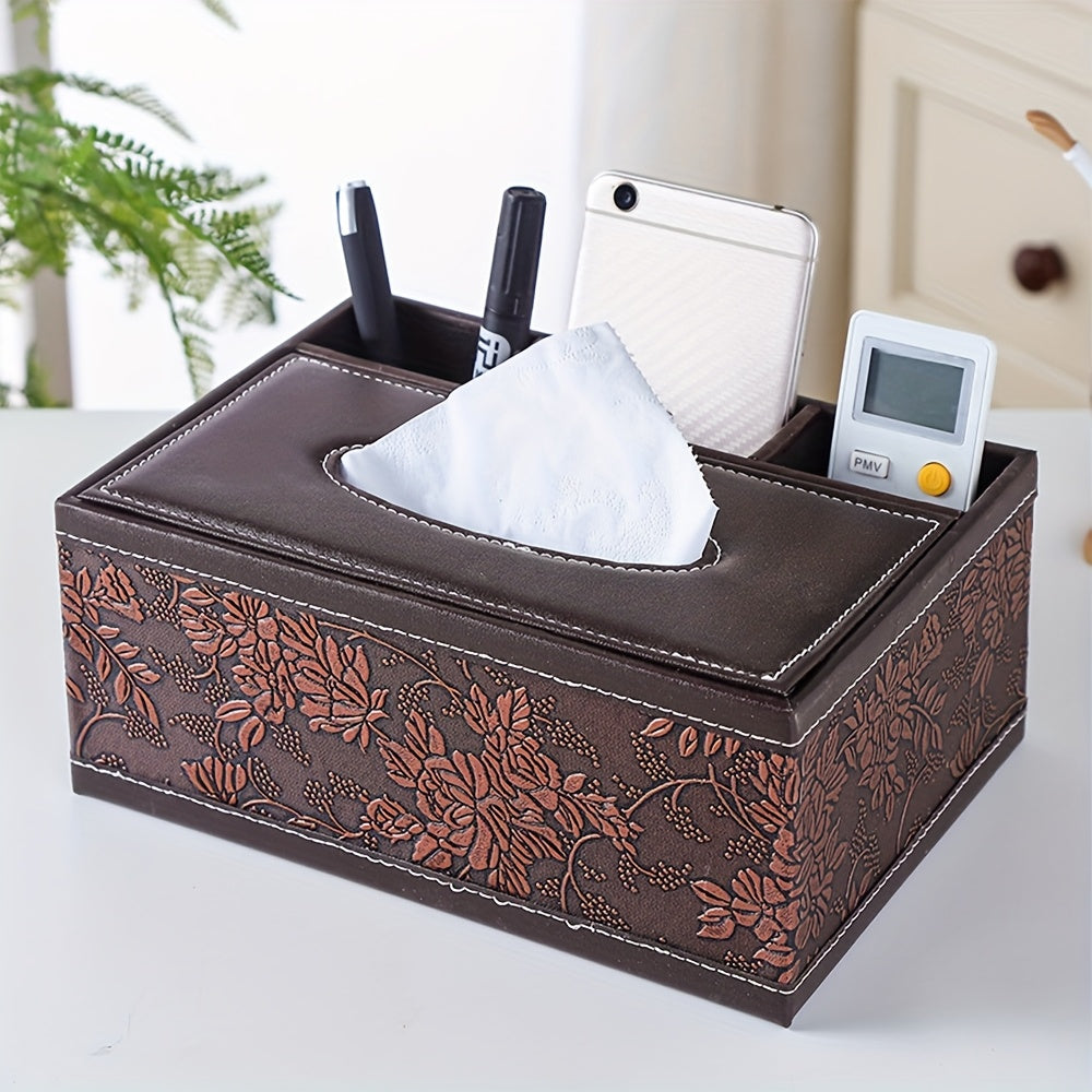 1pc Vintage Brown Grape Tree Pattern Leather Tissue Box Cover, Rectangular Multifunctional Desk Organizer for Living Room, Office, Bedroom - Elegant Floral Design, Living Room Decor | Decorative Leatherette | Stitched Leatherwor