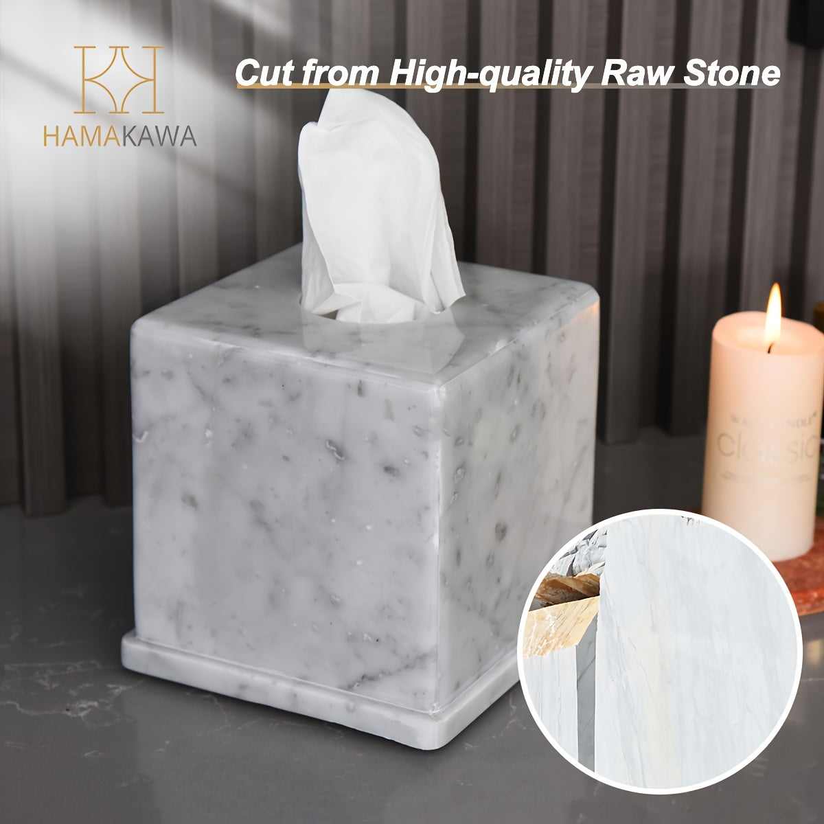 1pc Carrara White Marble Tissue Box Cover, Vintage Design Facial Napkin Dispenser, Sturdy Base With Rubber Feet, For Bathroom, Bedroom, Kitchen Decor, 6 Inch