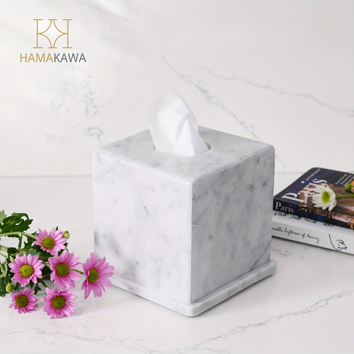 1pc Carrara White Marble Tissue Box Cover, Vintage Design Facial Napkin Dispenser, Sturdy Base With Rubber Feet, For Bathroom, Bedroom, Kitchen Decor, 6 Inch