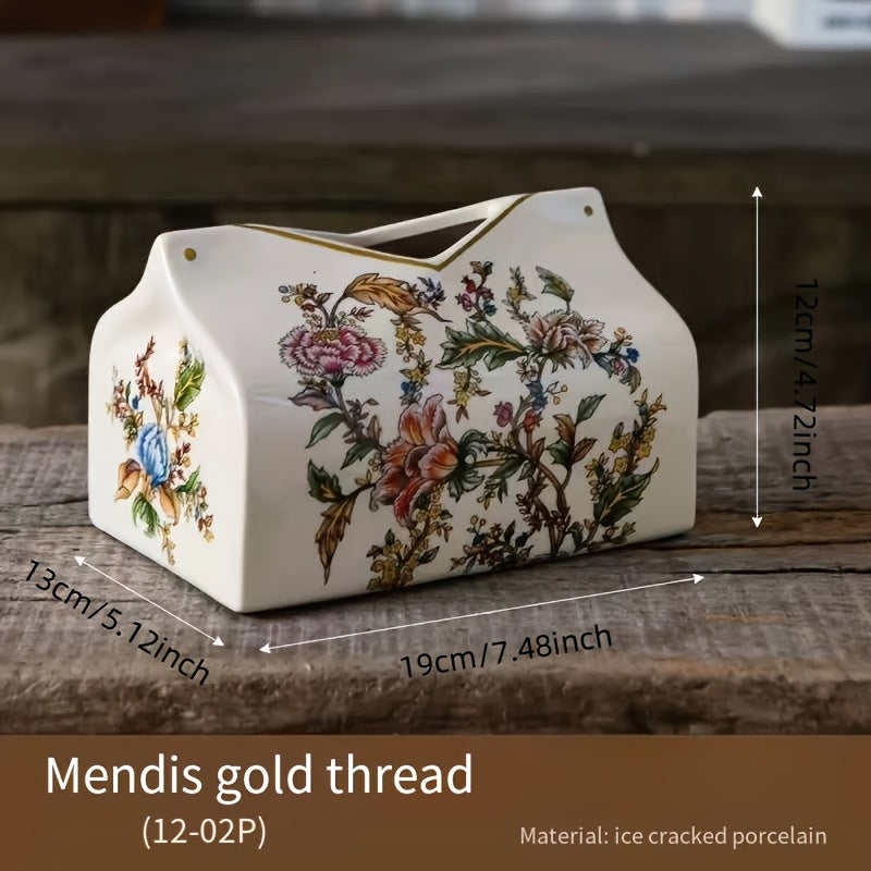 1pc Vintage American-European Style Ceramic Tissue Box Holder with Golden Accents - Floral & Butterfly Design Decorative Home Accent for Living Room, Coffee or Dining Table Decor - Mother’s Day Gift, Intricate Craftsmanship, Elegant Ornament, Premium
