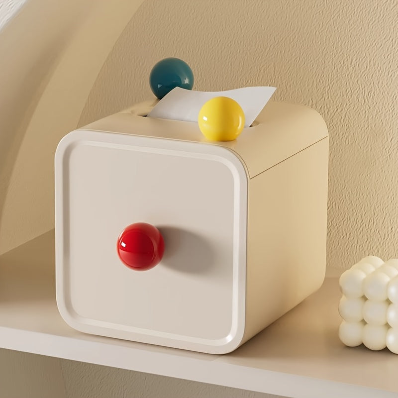 Chic Cream-Style Tissue Box with Colorful Balls - Square Plastic Holder for Bathroom, Living Room & Vanity Countertop Decor