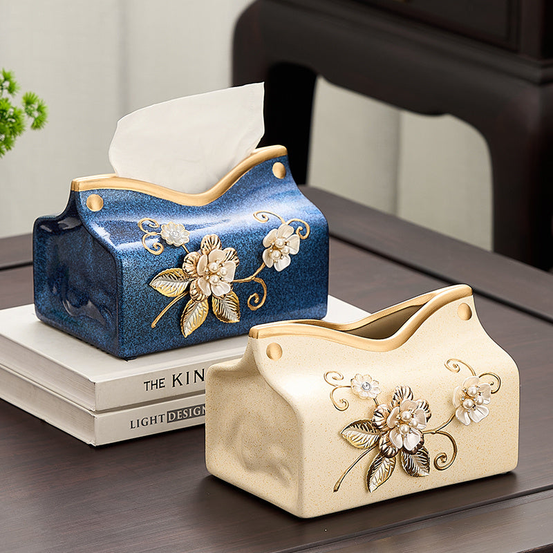 New Chinese Style Ceramic Tissue Box Holder - Blue & Golden Floral Design, 2-in-1 Storage for Tissues & Small Items, Elegant Home Decor for Living Room, Dining Room, Entryway