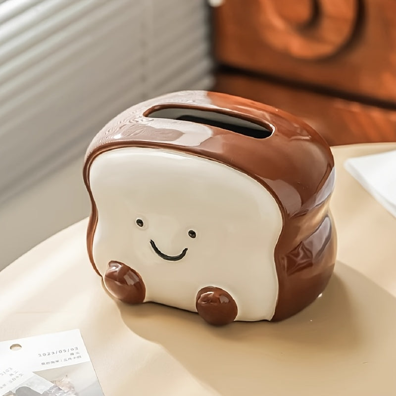 Visually Appealing Toast-Shaped Ceramic Tissue Box Holder – Smiling Bread Design with Pink Flower Detail, White & Brown Accents, Perfect for Living Room, Bedroom, or Kitchen Decor