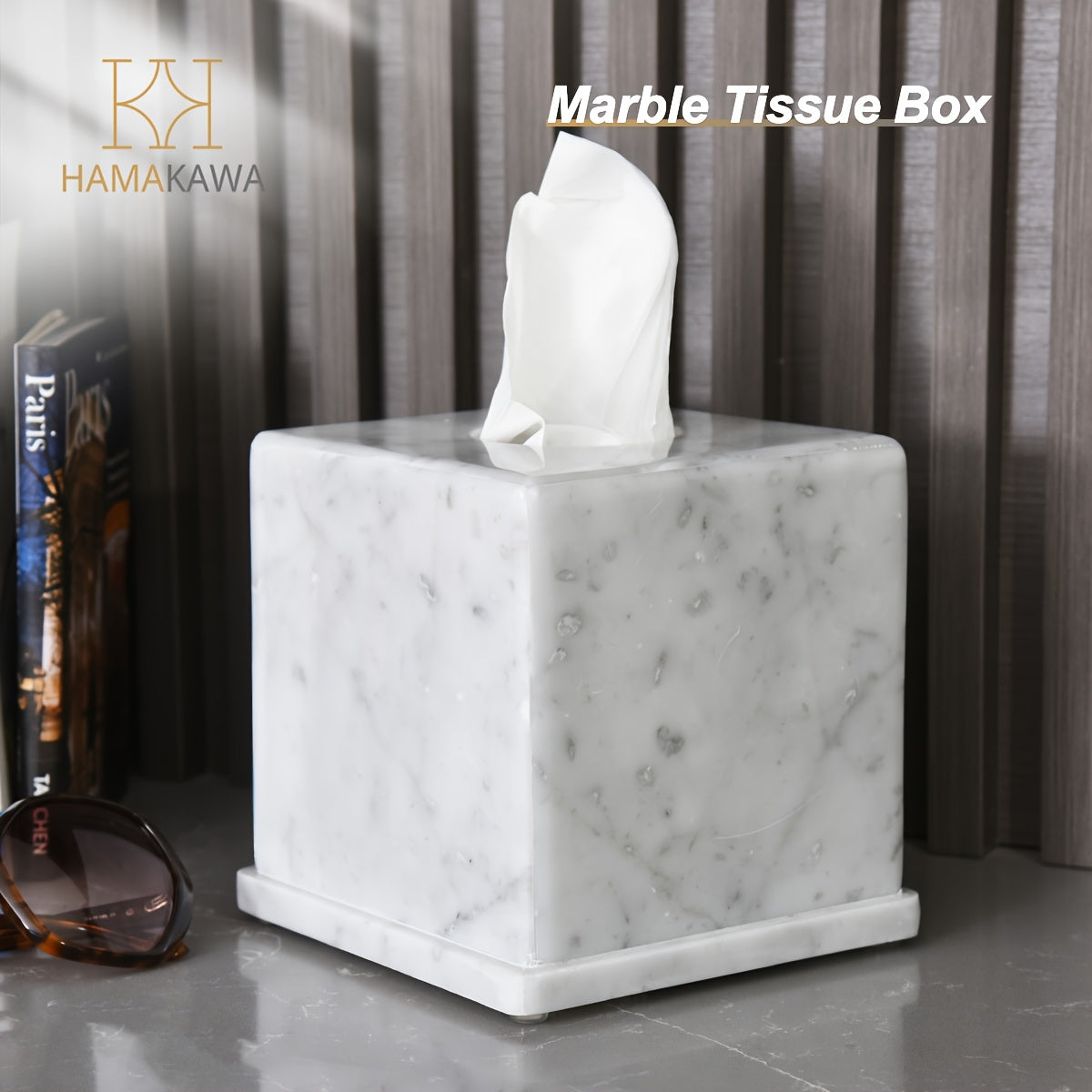 1pc Carrara White Marble Tissue Box Cover, Vintage Design Facial Napkin Dispenser, Sturdy Base With Rubber Feet, For Bathroom, Bedroom, Kitchen Decor, 6 Inch