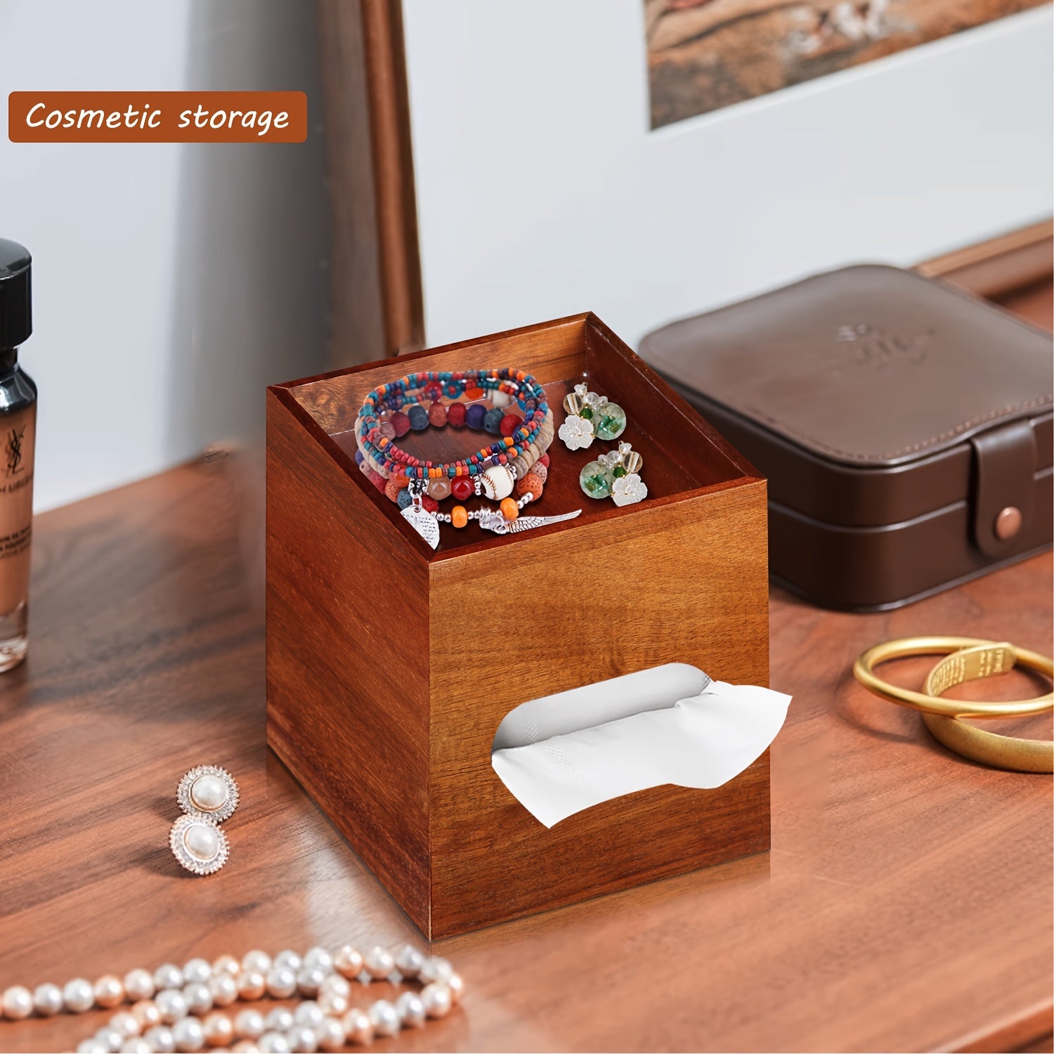 Square Tissue Box Holder with Storage Tray, Acacia Wood Decorative Tissue Box Cover/Napkin Storage Box/Cube Tissue Organizer Case for Bathroom, Vanity, Night Stand, Car, Dining Table, Living Room and Bathroom Accessory. Bathroom Organizer and Storage