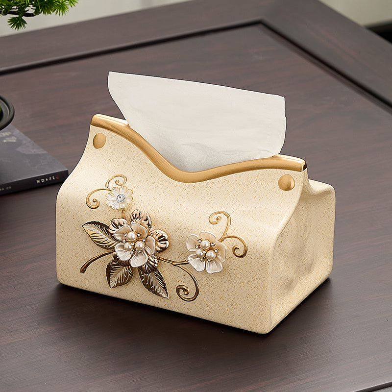 New Chinese Style Ceramic Tissue Box Holder - Blue & Golden Floral Design, 2-in-1 Storage for Tissues & Small Items, Elegant Home Decor for Living Room, Dining Room, Entryway