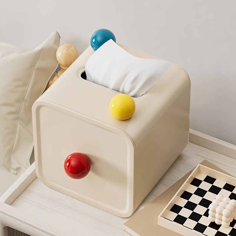 Chic Cream-Style Tissue Box with Colorful Balls - Square Plastic Holder for Bathroom, Living Room & Vanity Countertop Decor