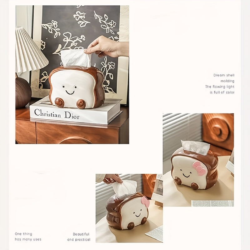 Visually Appealing Toast-Shaped Ceramic Tissue Box Holder – Smiling Bread Design with Pink Flower Detail, White & Brown Accents, Perfect for Living Room, Bedroom, or Kitchen Decor