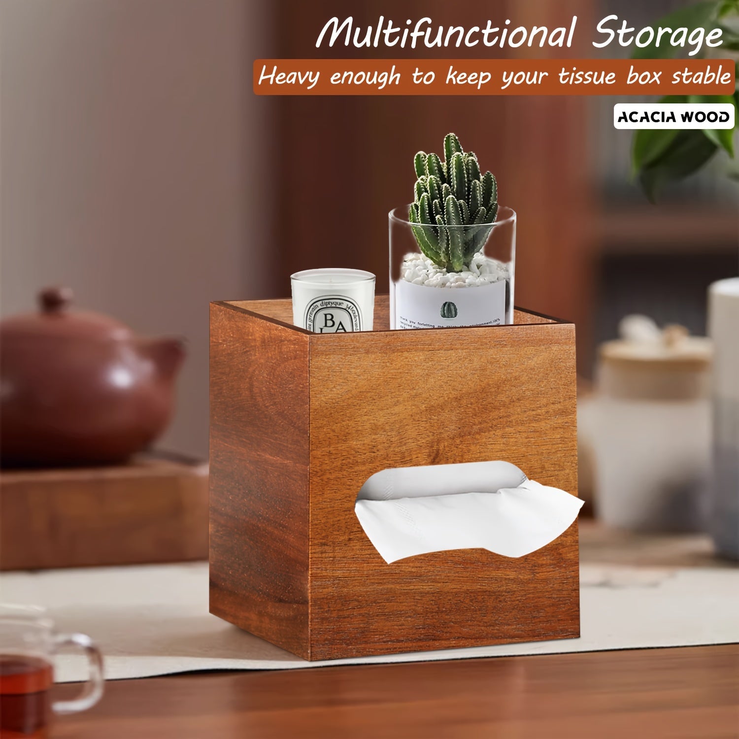 Square Tissue Box Holder with Storage Tray, Acacia Wood Decorative Tissue Box Cover/Napkin Storage Box/Cube Tissue Organizer Case for Bathroom, Vanity, Night Stand, Car, Dining Table, Living Room and Bathroom Accessory. Bathroom Organizer and Storage