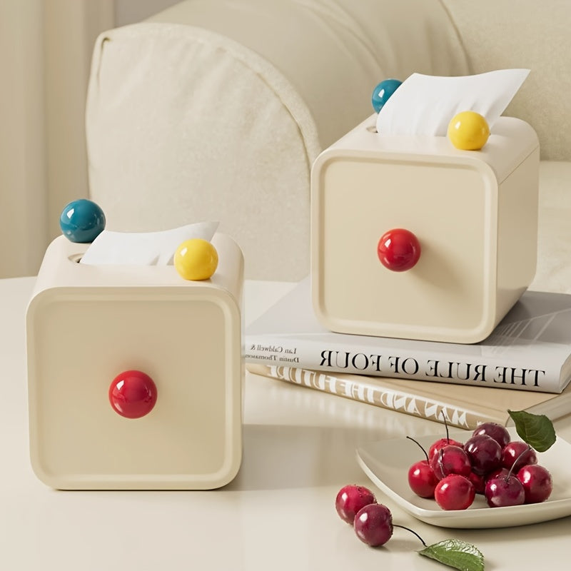 Chic Cream-Style Tissue Box with Colorful Balls - Square Plastic Holder for Bathroom, Living Room & Vanity Countertop Decor