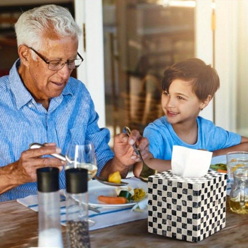 Elegant Black and White Marble Tissue Box Cover - 5.9 Inch Cube, Ceramic Decorative Napkin Holder with Golden Accents, Rustic Design for Table, Bathroom, Vanity, Countertop, or Office, Bathroom Organizer | Marble Pattern | Ceramic Construction, Bathroom