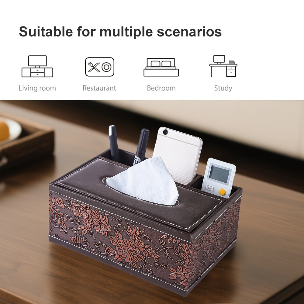1pc Vintage Brown Grape Tree Pattern Leather Tissue Box Cover, Rectangular Multifunctional Desk Organizer for Living Room, Office, Bedroom - Elegant Floral Design, Living Room Decor | Decorative Leatherette | Stitched Leatherwor