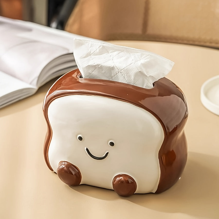 Visually Appealing Toast-Shaped Ceramic Tissue Box Holder – Smiling Bread Design with Pink Flower Detail, White & Brown Accents, Perfect for Living Room, Bedroom, or Kitchen Decor