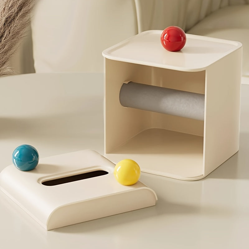 Chic Cream-Style Tissue Box with Colorful Balls - Square Plastic Holder for Bathroom, Living Room & Vanity Countertop Decor