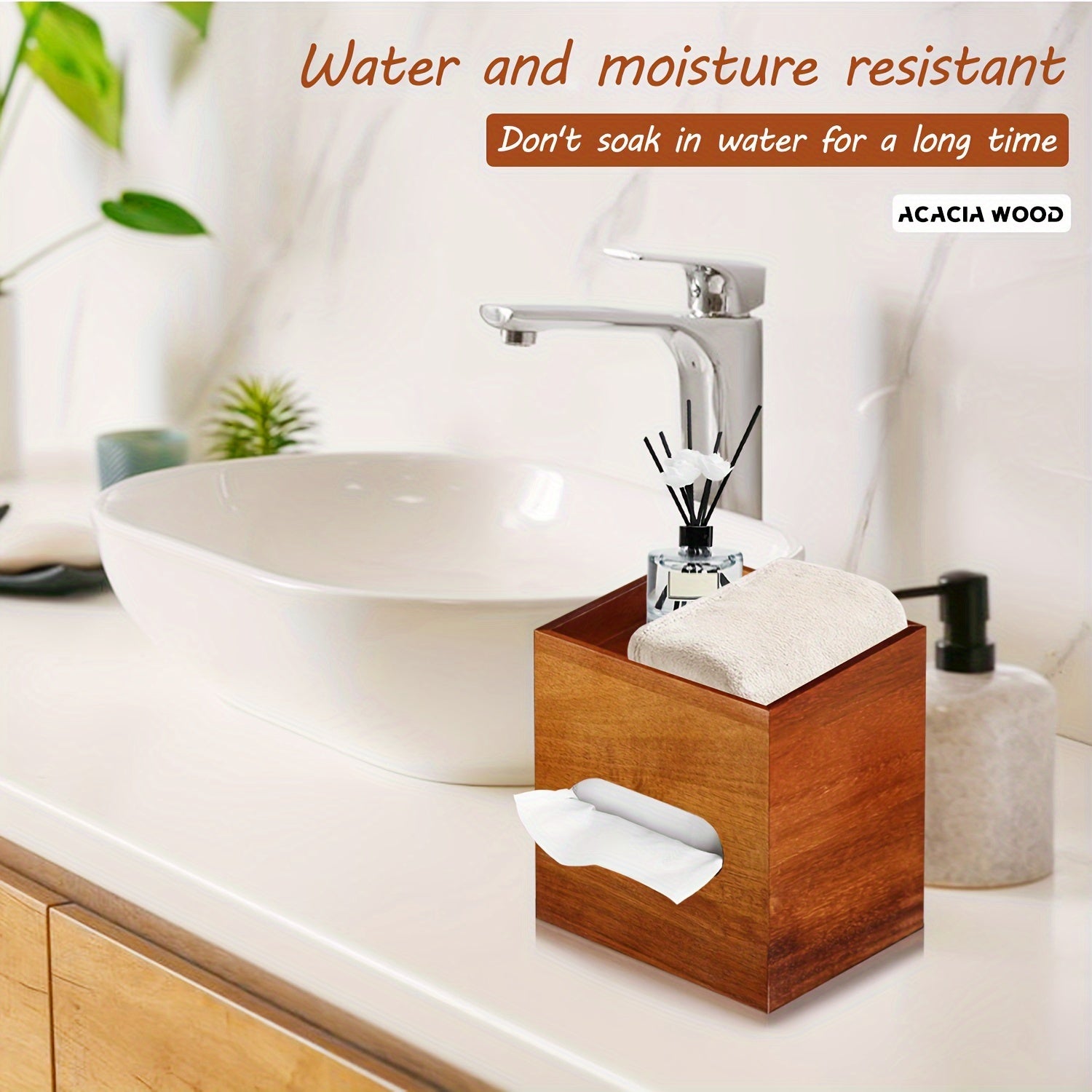 Square Tissue Box Holder with Storage Tray, Acacia Wood Decorative Tissue Box Cover/Napkin Storage Box/Cube Tissue Organizer Case for Bathroom, Vanity, Night Stand, Car, Dining Table, Living Room and Bathroom Accessory. Bathroom Organizer and Storage