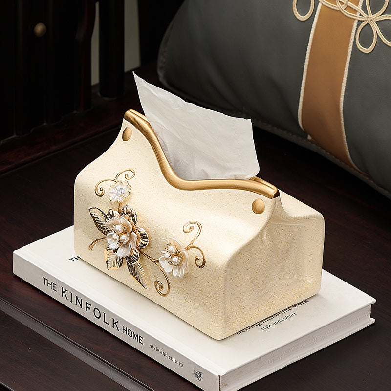 New Chinese Style Ceramic Tissue Box Holder - Blue & Golden Floral Design, 2-in-1 Storage for Tissues & Small Items, Elegant Home Decor for Living Room, Dining Room, Entryway