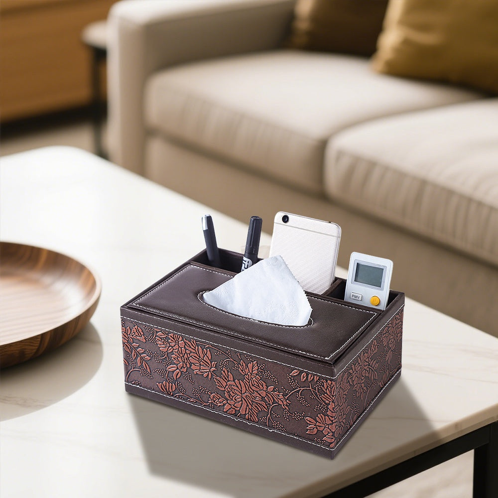 1pc Vintage Brown Grape Tree Pattern Leather Tissue Box Cover, Rectangular Multifunctional Desk Organizer for Living Room, Office, Bedroom - Elegant Floral Design, Living Room Decor | Decorative Leatherette | Stitched Leatherwor