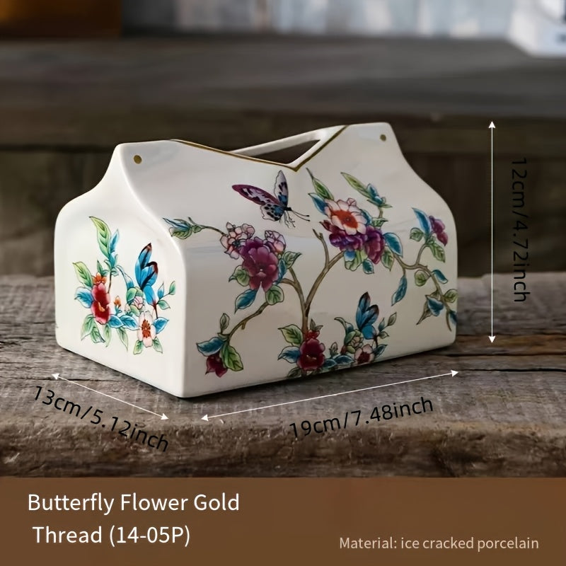 1pc Vintage American-European Style Ceramic Tissue Box Holder with Golden Accents - Floral & Butterfly Design Decorative Home Accent for Living Room, Coffee or Dining Table Decor - Mother’s Day Gift, Intricate Craftsmanship, Elegant Ornament, Premium