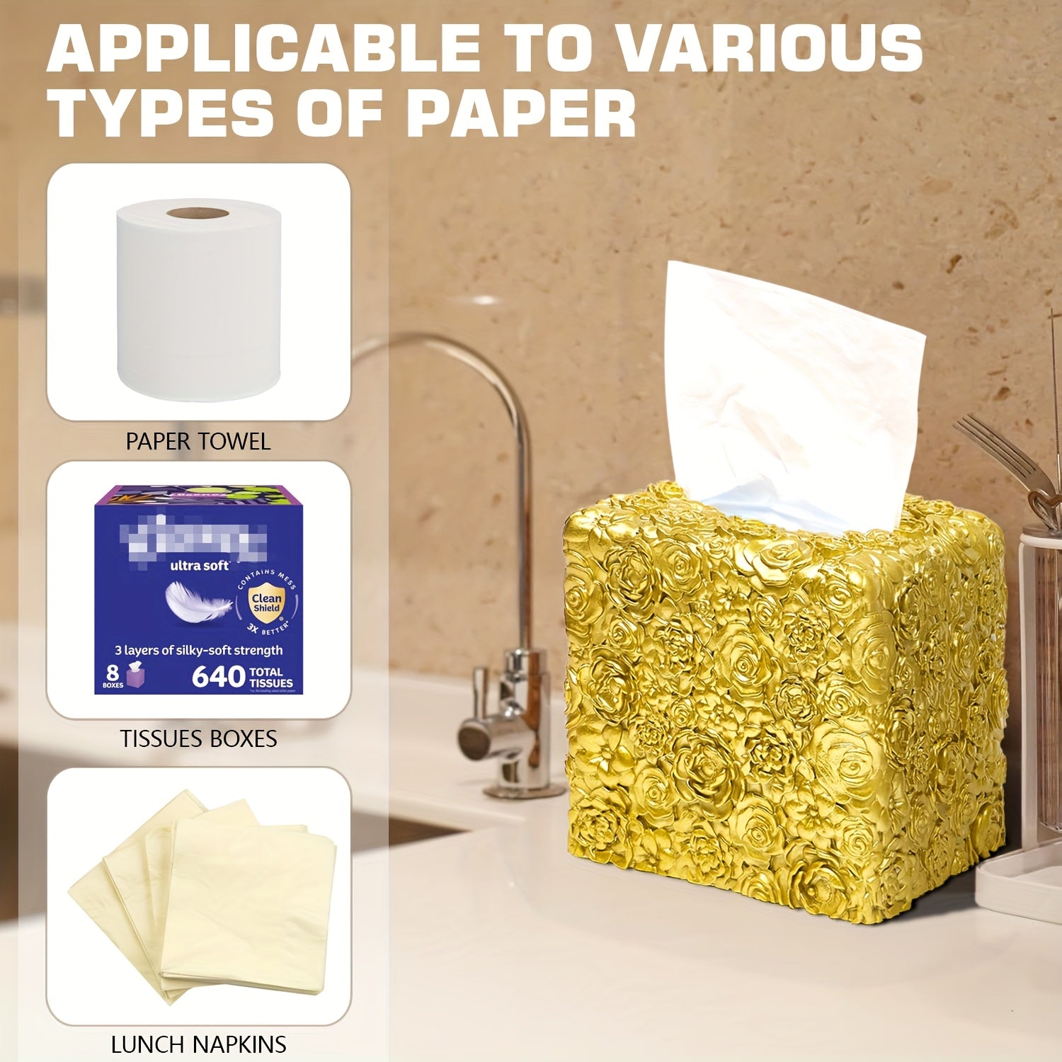 1pc Elegant Tissue Box Cover - Decorative Square tissue box holder, Durable Resin Construction, Space-Saving design for Living Room, Bathroom, Kitchen, Vanity - Modern Home Decor in Neutral Colors - Compatible with Standard Tissues - Ideal Housewarming or