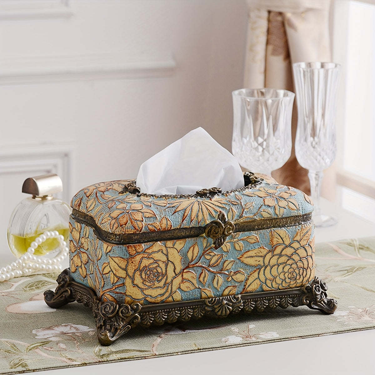 Elegant Floral Resin Tissue Box Holder - Square Design with Golden Accents, Perfect for Bathroom & Desktop Decor | Ideal Christmas or Halloween Gift, Bathroom Decor And Accessories