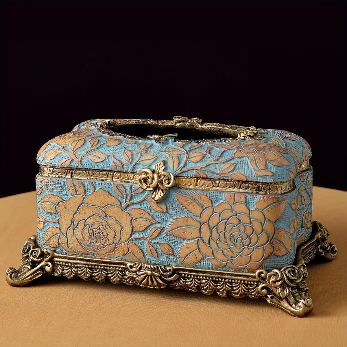 Elegant Floral Resin Tissue Box Holder - Square Design with Golden Accents, Perfect for Bathroom & Desktop Decor | Ideal Christmas or Halloween Gift, Bathroom Decor And Accessories