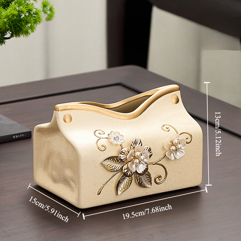 New Chinese Style Ceramic Tissue Box Holder - Blue & Golden Floral Design, 2-in-1 Storage for Tissues & Small Items, Elegant Home Decor for Living Room, Dining Room, Entryway