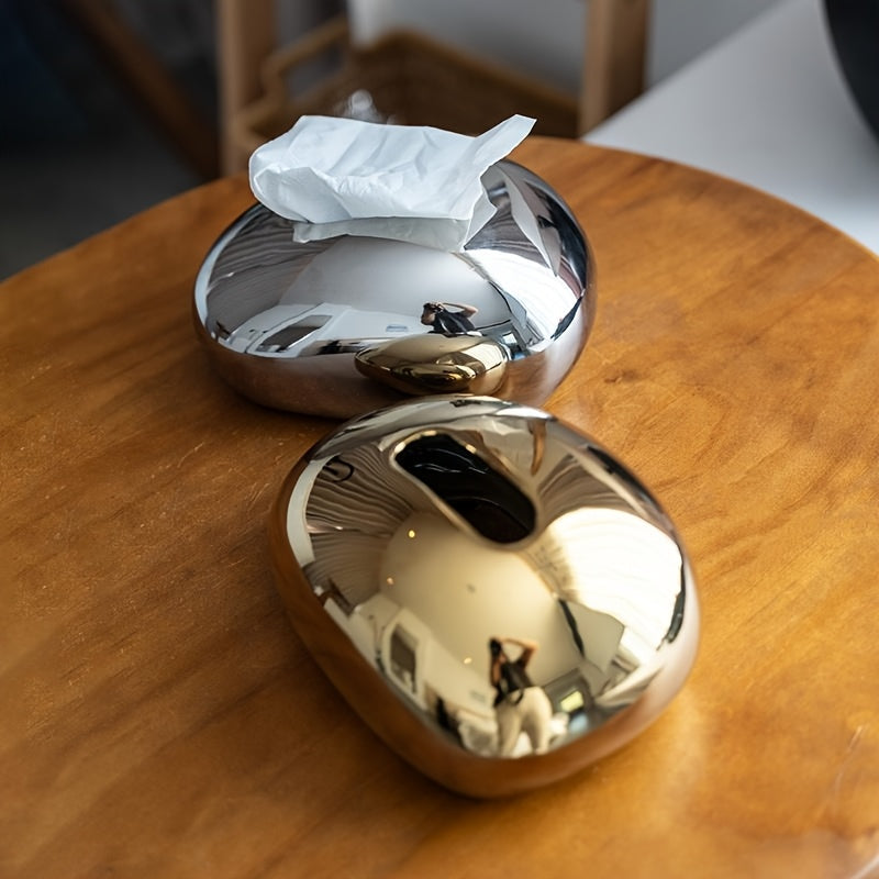 1pc Elegant Golden & Silvery Ceramic Tissue Box Holder - Modern Minimalist Design with Textured Surface, Black/White/Gray/Orange/Red Options for Living Room, Dining Table, Coffee Table Decor, Tissue Box Holder for Table, Tabletop Organizer, Metallic