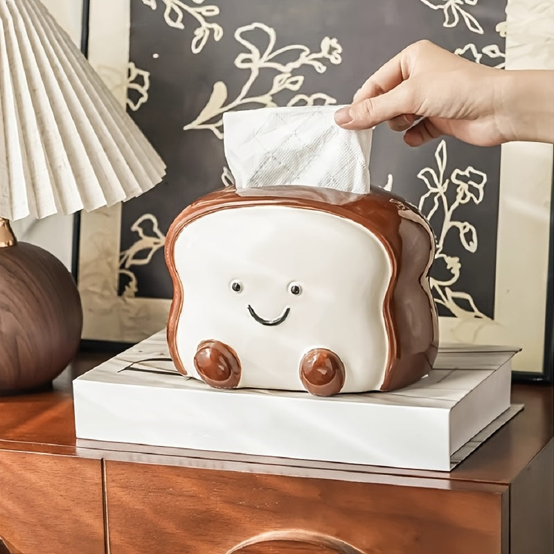 Visually Appealing Toast-Shaped Ceramic Tissue Box Holder – Smiling Bread Design with Pink Flower Detail, White & Brown Accents, Perfect for Living Room, Bedroom, or Kitchen Decor