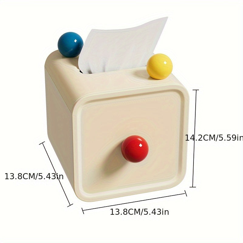 Chic Cream-Style Tissue Box with Colorful Balls - Square Plastic Holder for Bathroom, Living Room & Vanity Countertop Decor