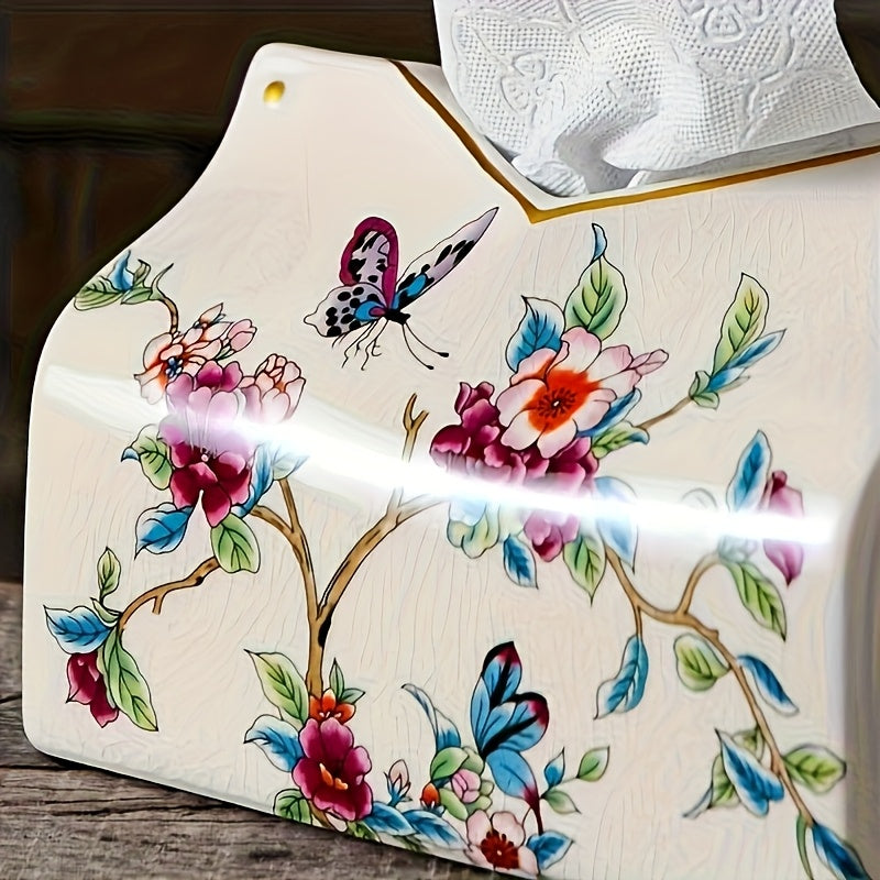 1pc Vintage American-European Style Ceramic Tissue Box Holder with Golden Accents - Floral & Butterfly Design Decorative Home Accent for Living Room, Coffee or Dining Table Decor - Mother’s Day Gift, Intricate Craftsmanship, Elegant Ornament, Premium