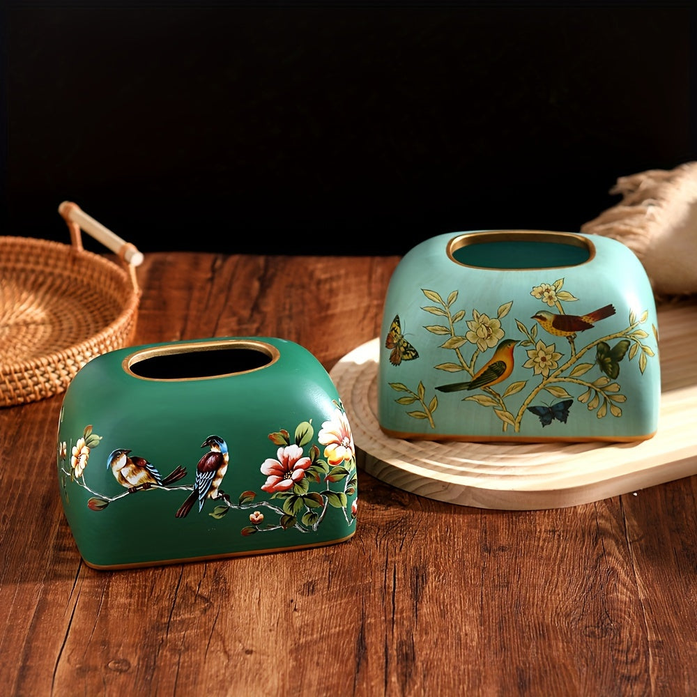 [Elegant Tissue Box] Elegant 1pc Ceramic Tissue Box Holder | Flowers and Birds Design with Golden Accents, Durable Home Office Decor for Living Room, Dining Table - Perfect Thanksgiving Gift for Friends, Classic Design, Detailed Craftsmanship, Smooth
