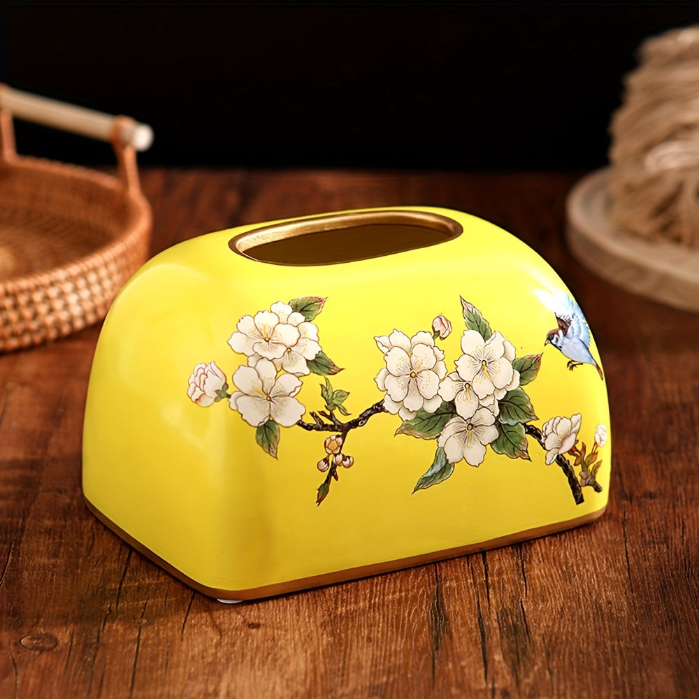 [Elegant Tissue Box] Elegant 1pc Ceramic Tissue Box Holder | Flowers and Birds Design with Golden Accents, Durable Home Office Decor for Living Room, Dining Table - Perfect Thanksgiving Gift for Friends, Classic Design, Detailed Craftsmanship, Smooth