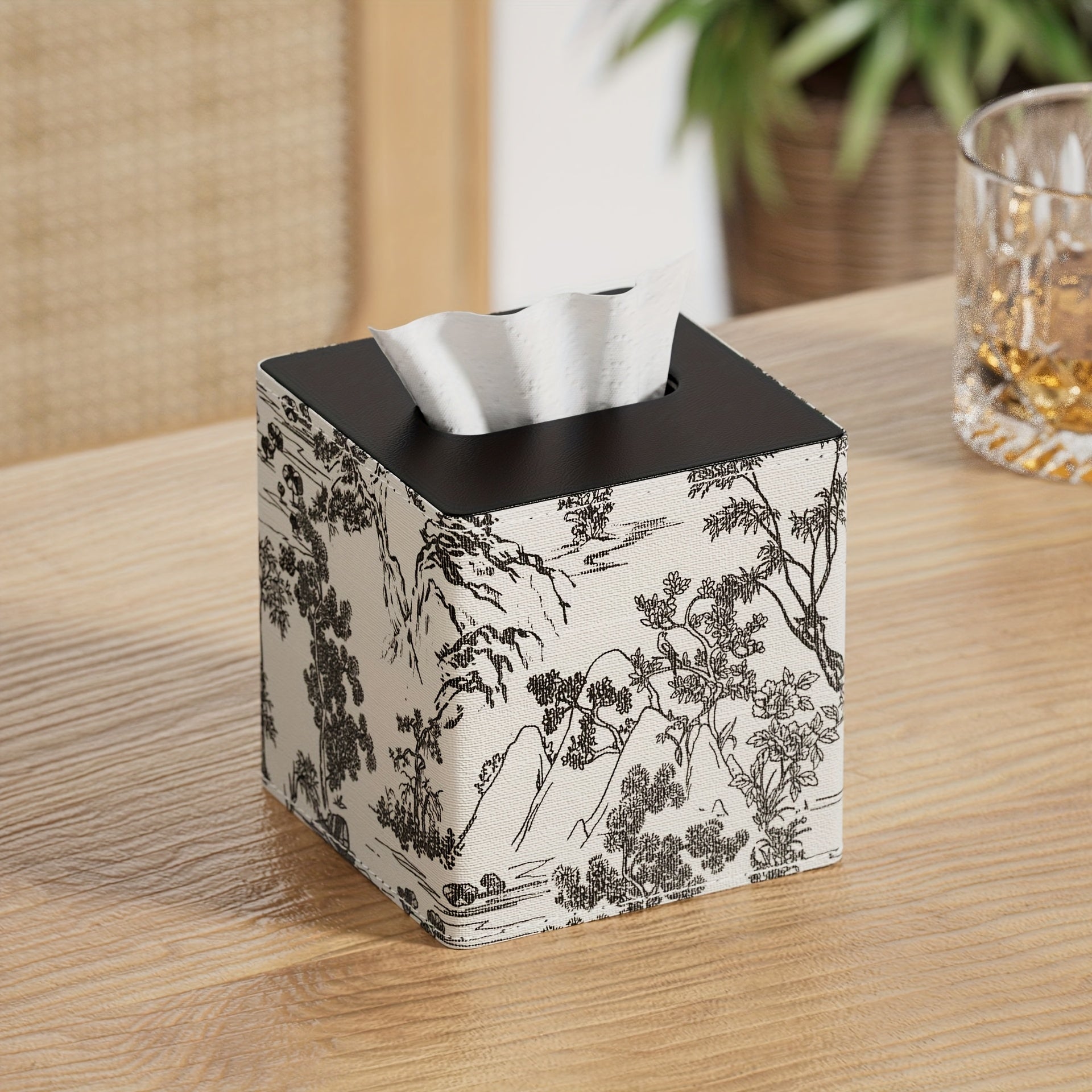 [Luxury Tissue Box Holder] Luxury Square 1pc Tissue Box Holder | Premium PVC Faux Leather, Sleek Black & Beige Design for Home, Office, Hotel, and Car Use, Tissue Box Dispenser | Modern Decor Accessory | Sleek Glossy Appearance