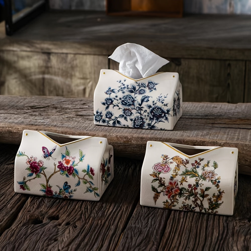 1pc Vintage American-European Style Ceramic Tissue Box Holder with Golden Accents - Floral & Butterfly Design Decorative Home Accent for Living Room, Coffee or Dining Table Decor - Mother’s Day Gift, Intricate Craftsmanship, Elegant Ornament, Premium