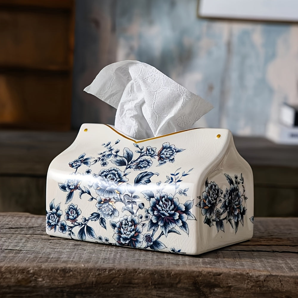 1pc Vintage American-European Style Ceramic Tissue Box Holder with Golden Accents - Floral & Butterfly Design Decorative Home Accent for Living Room, Coffee or Dining Table Decor - Mother’s Day Gift, Intricate Craftsmanship, Elegant Ornament, Premium
