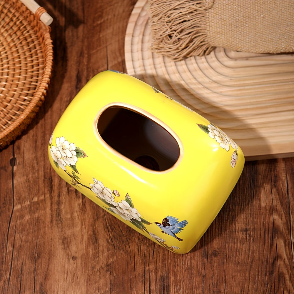 [Elegant Tissue Box] Elegant 1pc Ceramic Tissue Box Holder | Flowers and Birds Design with Golden Accents, Durable Home Office Decor for Living Room, Dining Table - Perfect Thanksgiving Gift for Friends, Classic Design, Detailed Craftsmanship, Smooth