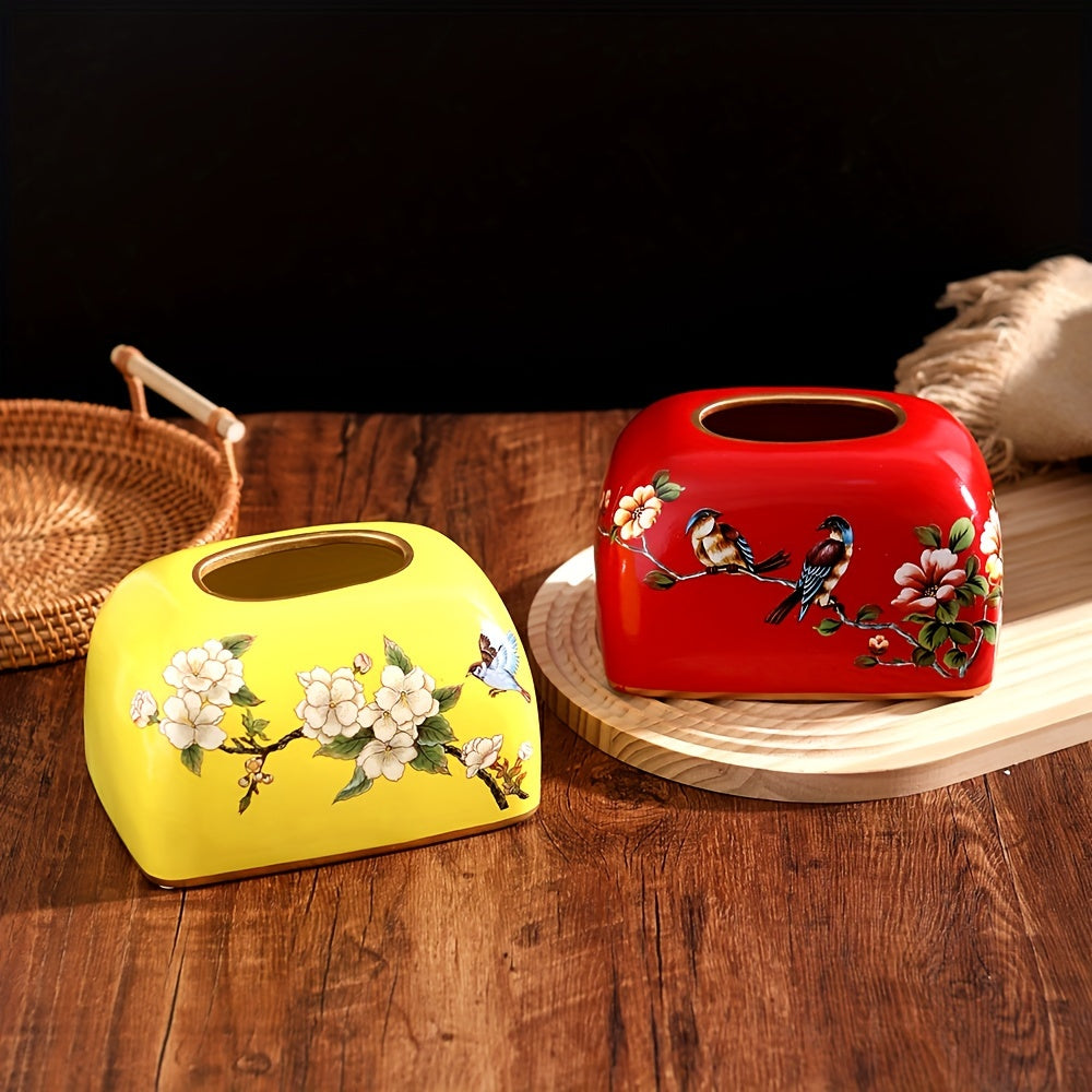 [Elegant Tissue Box] Elegant 1pc Ceramic Tissue Box Holder | Flowers and Birds Design with Golden Accents, Durable Home Office Decor for Living Room, Dining Table - Perfect Thanksgiving Gift for Friends, Classic Design, Detailed Craftsmanship, Smooth