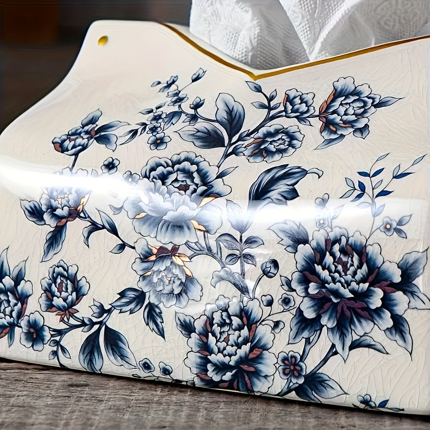 1pc Vintage American-European Style Ceramic Tissue Box Holder with Golden Accents - Floral & Butterfly Design Decorative Home Accent for Living Room, Coffee or Dining Table Decor - Mother’s Day Gift, Intricate Craftsmanship, Elegant Ornament, Premium