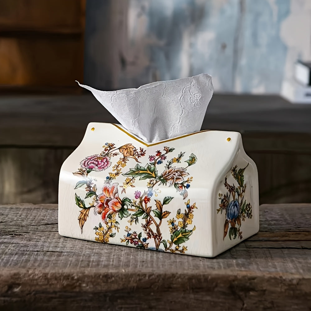 1pc Vintage American-European Style Ceramic Tissue Box Holder with Golden Accents - Floral & Butterfly Design Decorative Home Accent for Living Room, Coffee or Dining Table Decor - Mother’s Day Gift, Intricate Craftsmanship, Elegant Ornament, Premium