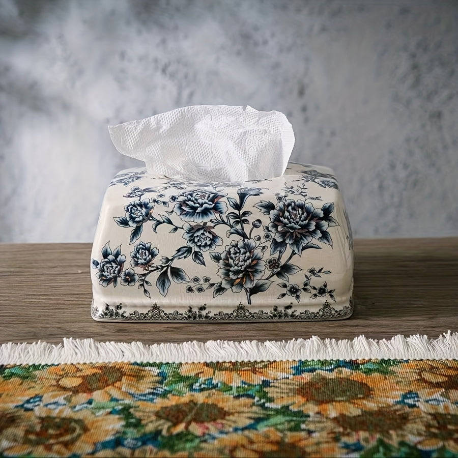 [Christmas Ceramic Box] Blue and White Crackled Ceramic Tissue Box | New Chinese Style for Living Room Coffee Table Home Use Housewarming, Best for Christmas